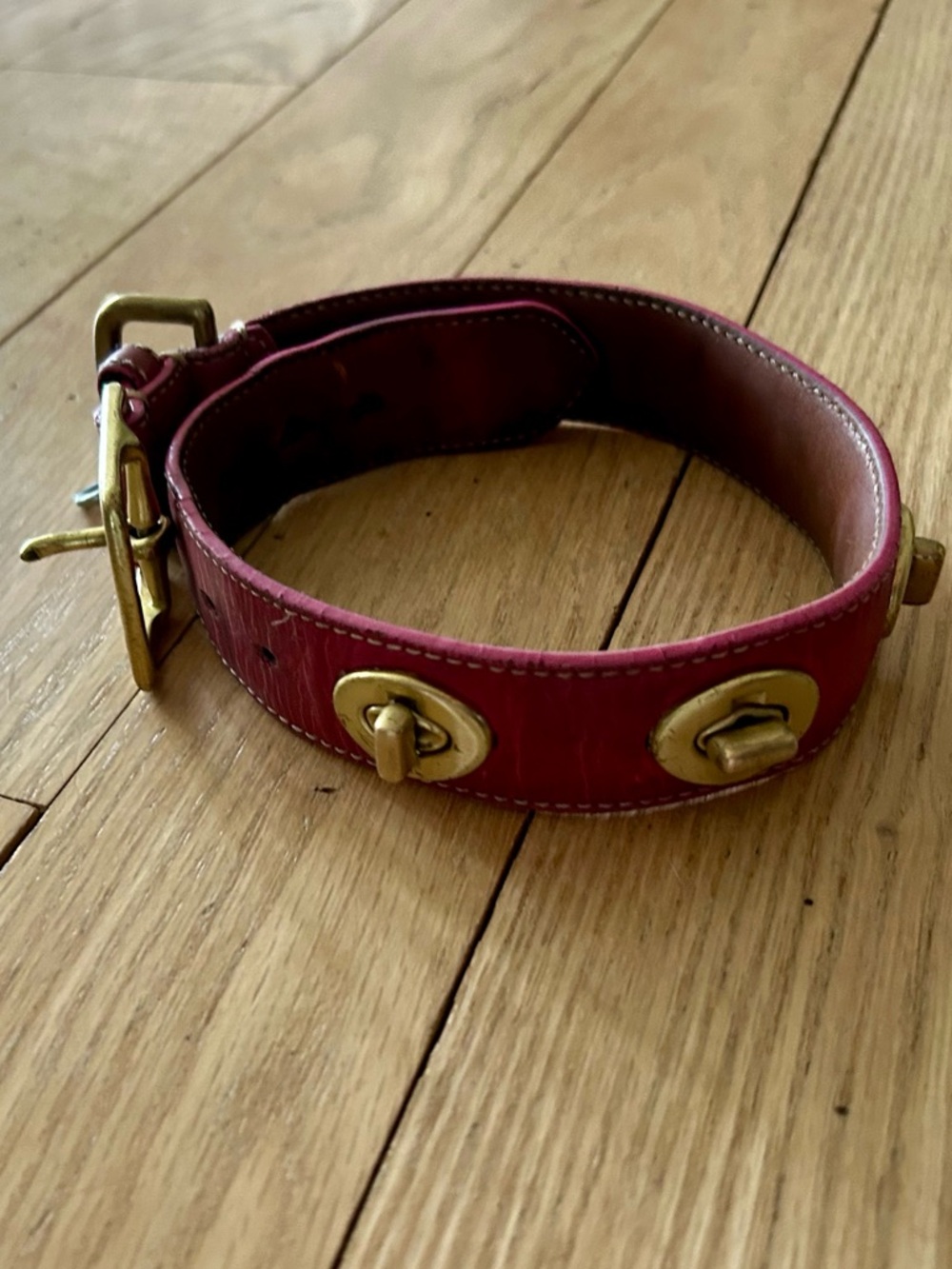 Coach Pink Leather Turn Key Dog Collar with Gold Hardware